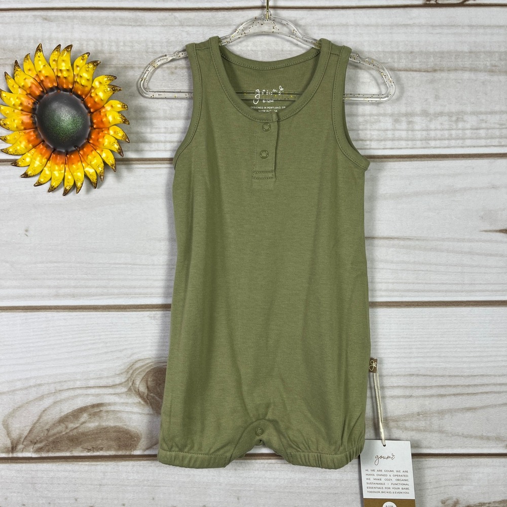 Goumi Kids Olive Green Bamboo Organic Cotton Sleeveless Henley Romper 6-12M NWT